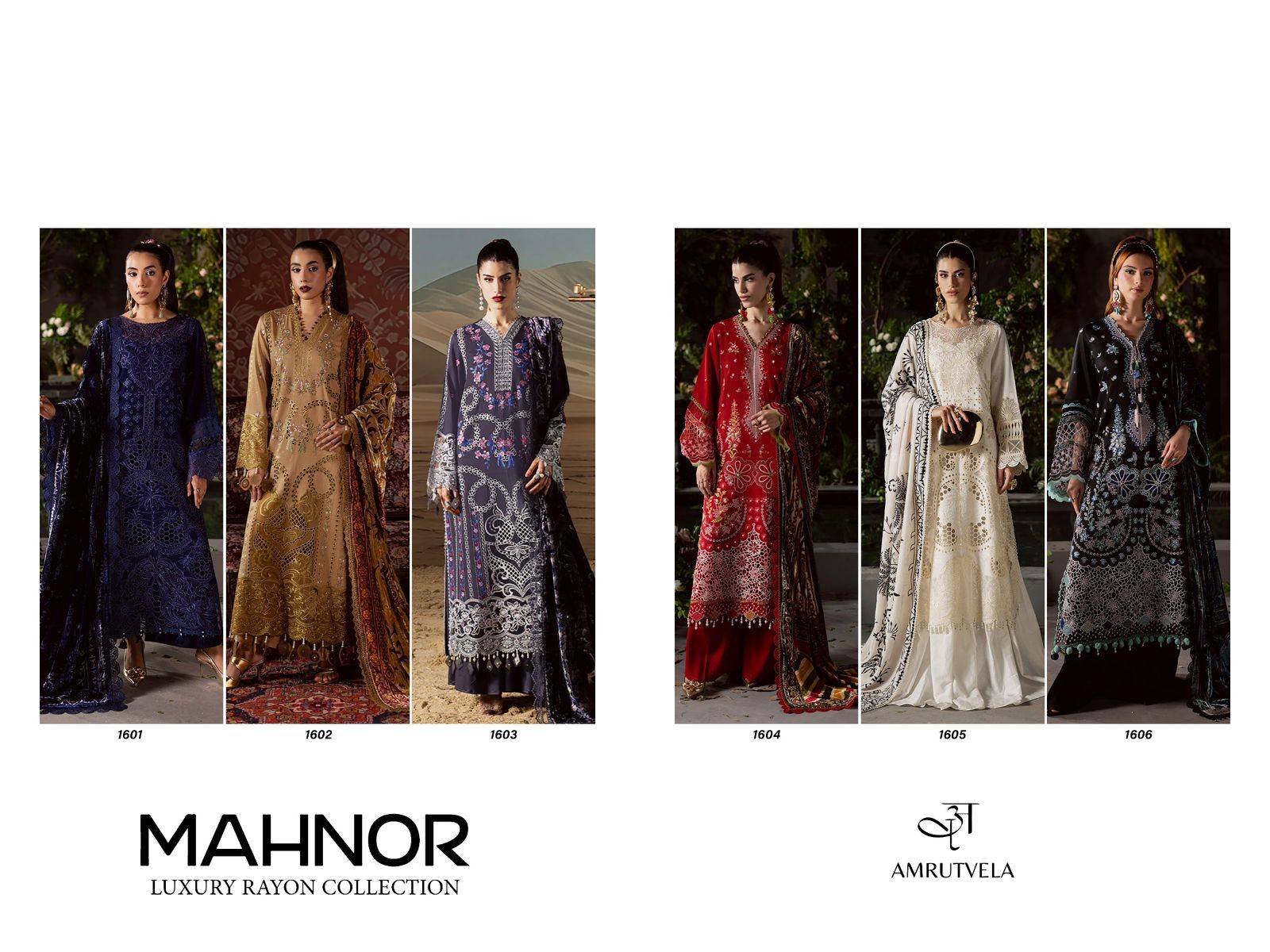 MAHNOOR Luxury Rayon Collection by Amrutvela textile 1601 TO 1606 SERIES Pakistani Stylish Embroidered Pure Rayon Dresses At Wholesale Price